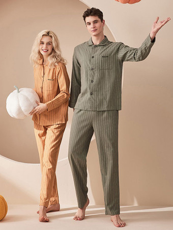 Abbigliamento per la casa Colletto con risvolto in 2 pezzi Maniche lunghe Righe Vestiti in puro cotone Donna Inverno Caldo Loungewear