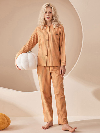 ホームウェア 2 ピース ターンダウン カラー長袖ストライプ服純粋な綿の女性の冬暖かい部屋着