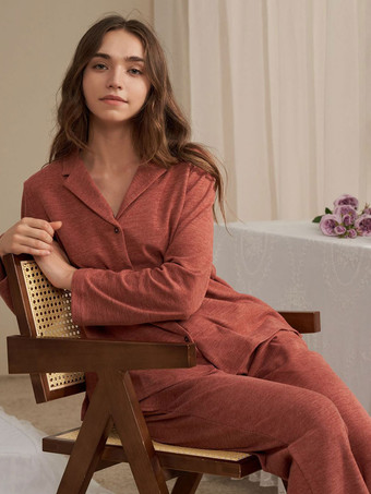 ホームウェア 2ピース ターンダウンカラー 長袖 ポリエステル 女性 冬 暖かい 部屋着