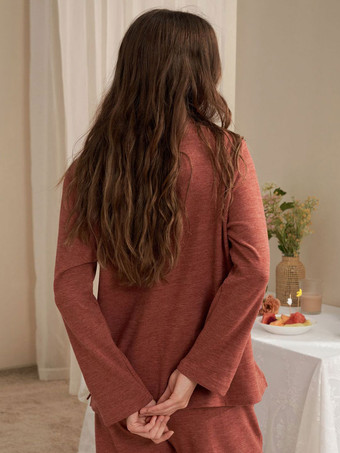 ホームウェア 2ピース ターンダウンカラー 長袖 ポリエステル 女性 冬 暖かい 部屋着