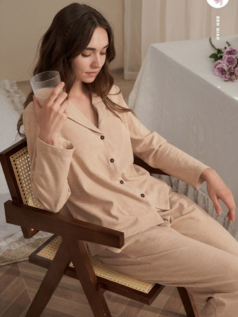 ホームウェア 2ピース ターンダウンカラー 長袖 ポリエステル 女性 冬 暖かい 部屋着