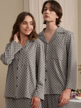 ホームウェア 2 ピース ターンダウン カラー長袖チェック柄ポリエステル女性冬暖かい部屋着