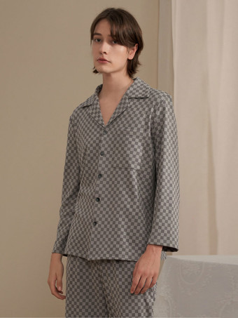 ホームウェア 2 ピース ターンダウン カラー長袖チェック柄ポリエステル女性冬暖かい部屋着