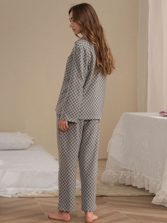 ホームウェア 2 ピース ターンダウン カラー長袖チェック柄ポリエステル女性冬暖かい部屋着