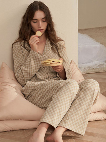 ホームウェア 2 ピース ターンダウン カラー長袖チェック柄ポリエステル女性冬暖かい部屋着