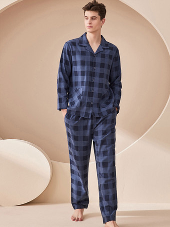 インクブルーホームウェア 2ピース ターンダウンカラー 長袖 チェック柄 コットン レディース 冬 暖かい 部屋着