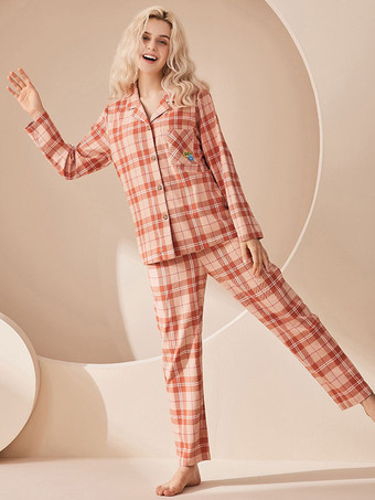 オレンジホームウェア 2ピース ターンダウンカラー 長袖 チェック柄 コットン レディース 冬 暖かい 部屋着