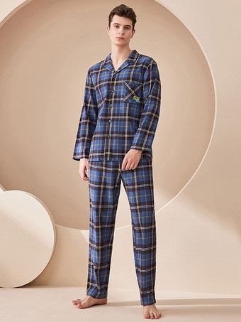 ブルー ホームウェア 2ピース ターンダウンカラー 長袖 チェック柄 コットン レディース 冬 暖かい 部屋着