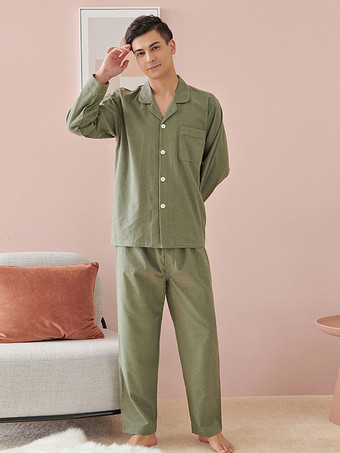 オリーブカラーホームウェア 2ピース ターンダウンカラー 長袖 コットン レディース 冬 暖かい 部屋着