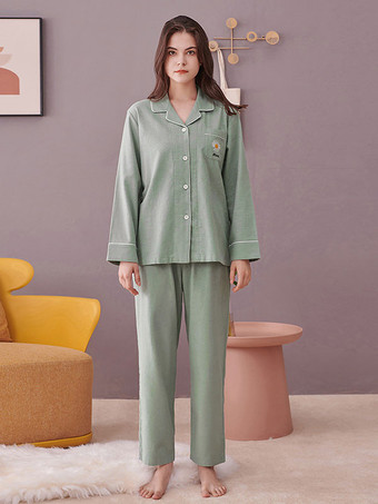 パステルグリーンホームウェア 2ピース ターンダウンカラー 長袖 コットン レディース 冬 暖かい 部屋着