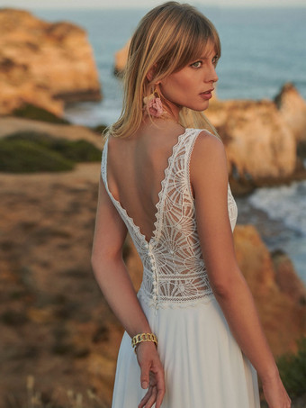 アイボリー ボヘミアン ウェディングドレス ポリエステル レース Aライン トレーン バックレス ノースリーブ Vネック ブライダルドレス 自由なカスタマイズ