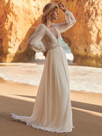 Экрю белое свадебное платье Boho кружево трапециевидной формы со шлейфом с завышенной талией спинки с длинными рукавами V-образным вырезом свадебные платья бесплатная настройка