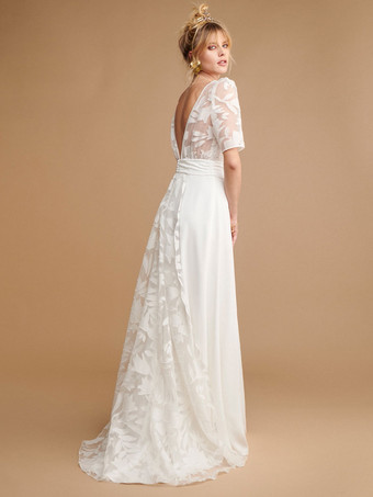 アイボリー ボヘミアン ウェディングドレス レース Aライン トレーン バックレス 半袖 ジュエルネック ブライダルドレス 自由なカスタマイズ