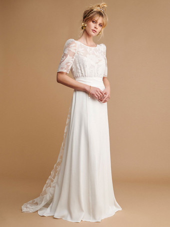 アイボリー ボヘミアン ウェディングドレス レース Aライン トレーン バックレス 半袖 ジュエルネック ブライダルドレス 自由なカスタマイズ