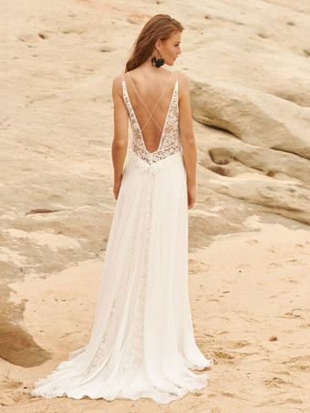 アイボリー ボヘミアン ウェディングドレス シフォン フロントスリット Aライン トレーン バックレス ノースリーブ 恋人ネック 自由なカスタマイズ