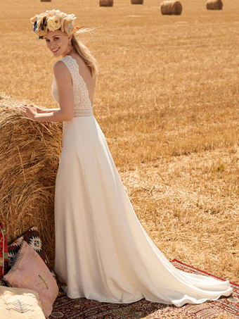 アイボリー ボヘミアン ウェディングドレス レース レース Aライン トレーン付き バックレス ノースリーブ Vネック ブライダルドレス 自由なカスタマイズ