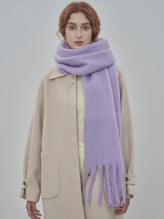 Bufanda de lavanda para mujer Bufanda larga cálida de invierno de fibra de poliéster con flecos
