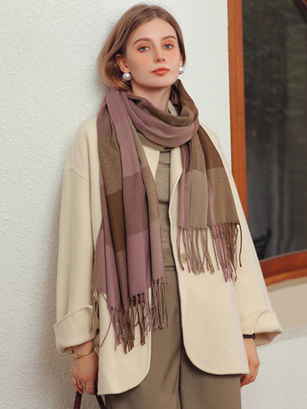 Bufanda para mujer a cuadros flecos fibra de poliéster invierno cálido bufandas largas