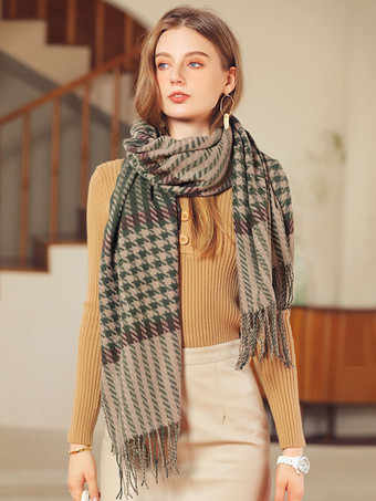 グリーン 女性のスカーフ魅力的な格子縞フリンジ ポリエステル繊維冬暖かいロング スカーフ