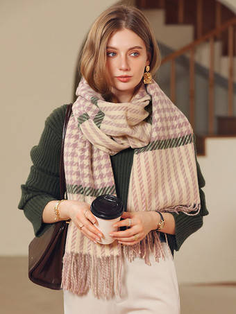 ラベンダーカラー女性のスカーフ魅力的な格子縞フリンジ ポリエステル繊維冬暖かいロング スカーフ