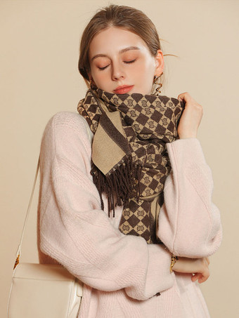 カーキ コーヒー ブラウンの女性のスカーフ魅力的な格子縞フリンジ ポリエステル繊維冬暖かいロング スカーフ