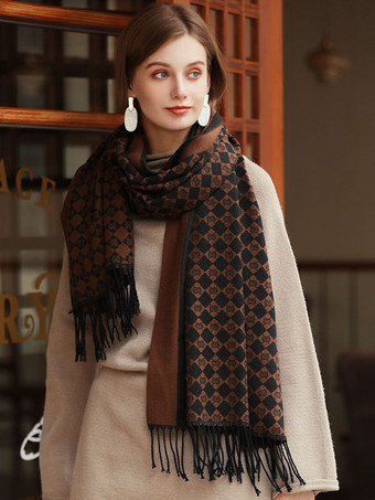 Bufanda de mujer marrón café  bufanda larga cálida de invierno de fibra de poliéster con flecos a cuadros atractivos