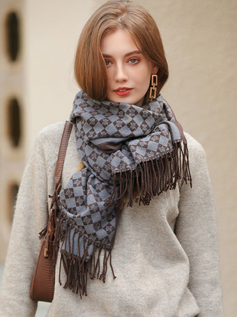 ベビーブルーコーヒー ブラウンの女性のスカーフ魅力的な格子縞フリンジ ポリエステル繊維冬暖かいロング スカーフ