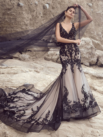 Черное кружево русалки платьев свадьбы без рукавов с изготовлением на заказ платья поезда Бридал свободного