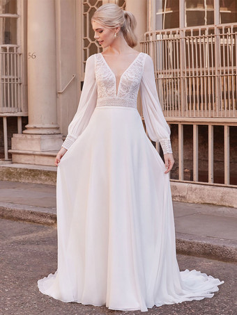 IvoryBoho Wedding Dress Lace A-Line With Train Functional Buttons Long Sleeves V-Neck Bridal Dresses Free Customization