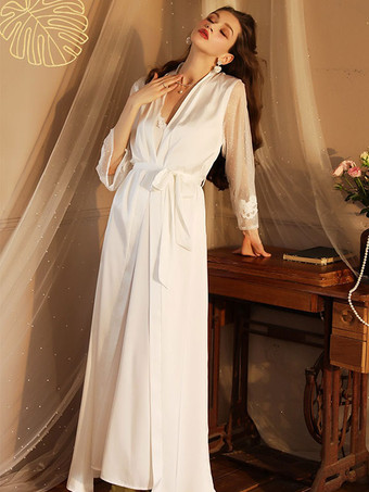 パジャマ 寝間着 ホワイト レース 2ピース Vネック シルク調 ランジェリー