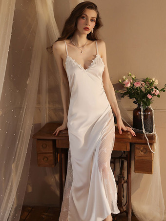 パジャマ 寝間着 ホワイト レース 2ピース Vネック シルク調 ランジェリー