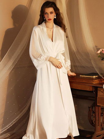 パジャマ 寝間着 ホワイト レース 2ピース Vネック シルク調 ランジェリー