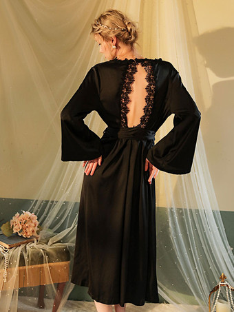 ガウン ローブ ブラック レース バックレス シルクのようなランジェリー