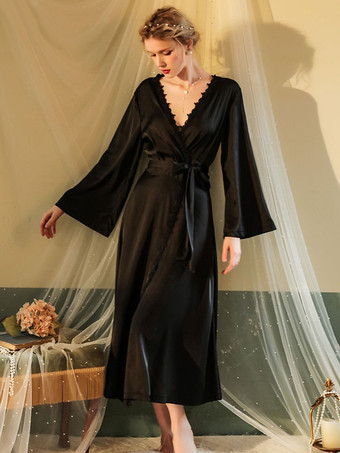 ガウン ローブ ブラック レース バックレス シルクのようなランジェリー