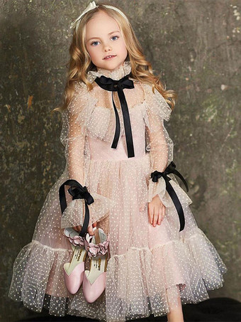 Vestidos de niña de flores Encaje Mangas largas Hasta el té Princesa Silueta Vestidos de fiesta para niños
