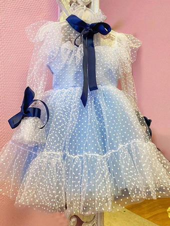 ブルーフラワーガールドレス レース 長袖 ティーレングス プリンセスシルエット キッズパーティードレス