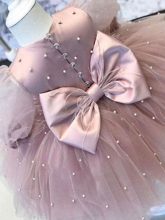 フラワーガールドレス レース ジュエルネック 長袖 カメオ ピンク