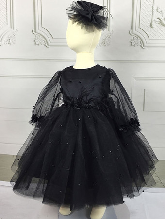 ブラックフラワーガールドレス レース ジュエルネック 長袖 カメオ ピンク