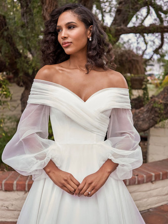 シンプルなウェディングドレスバトーネック 長袖 Aライン ブライダルドレス 自由なカスタマイズ