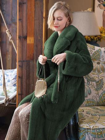 グリーン フェイクファーコート ベルト付き ノッチラペル 冬 エコフレンドリー ロングジャケット レディース 2025