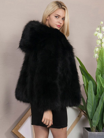 フード付きフェイクファーコート（ブラック） 環境に優しい冬用ジャケット（レディース） 2025