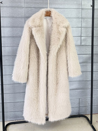 ライト アプリコットフェイクファーコート ノッチラペル 環境に優しい 冬用ロングジャケット レディース 2025