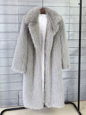 ライトグレー フェイクファーコート ノッチラペル 環境に優しい 冬用ロングジャケット レディース 2025
