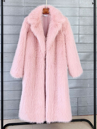 ピンクフェイクファーコート ノッチラペル 環境に優しい 冬用ロングジャケット レディース 2025
