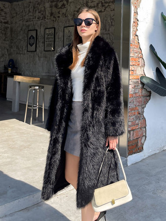 ブラック フェイクファーコート ノッチラペル 環境に優しい 冬用ロングジャケット レディース 2025