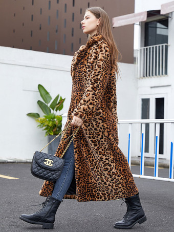 フェイクファーロングコート ヒョウ柄 冬 エコフレンドリー ロングジャケット レディース 2025