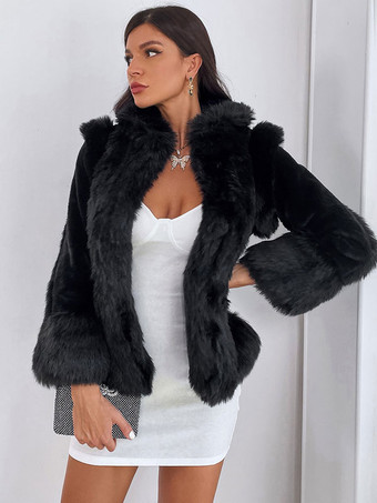 Faux Fur Coats Stand Collar Black Winter Outerwear For Women