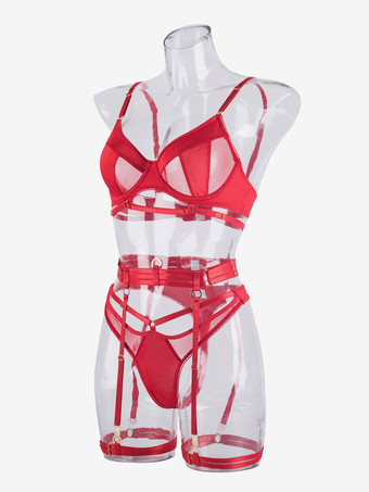 レッド ランジェリー ブラジャー ブラ 女性用 ブラック ポリエステル 3ピース セクシー ホット アンダーウェア