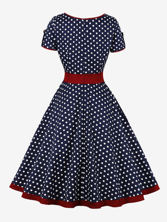 ヴィンテージドレス 1950年代オードリー・ヘップバーン風 ダークネイビー 水玉 ロカビリーワンピース