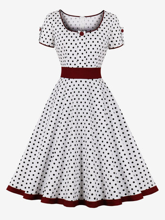 Vintage Dress 1950s Audrey Hepburn Style Dark Navy Polka Dot Woman's Short Sleeves Rockabilly Dress